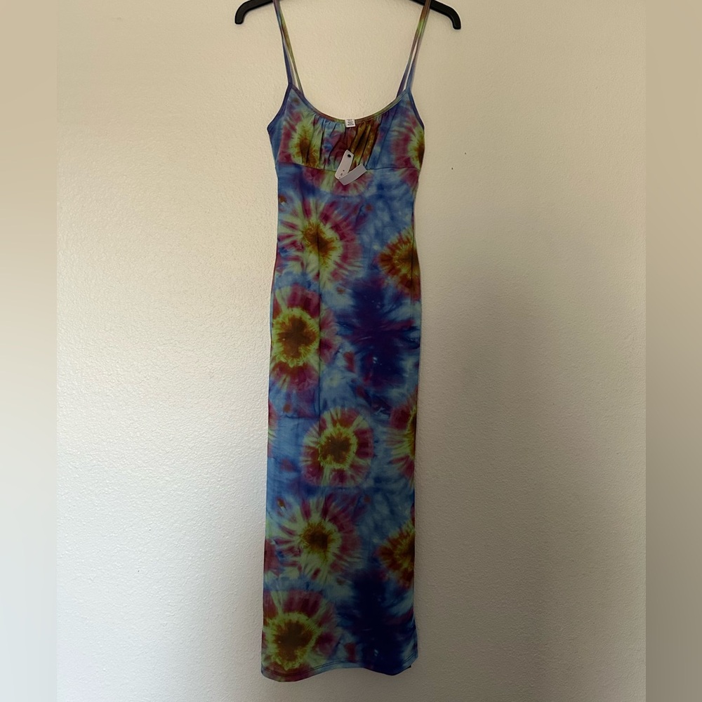 New Topshop psychedelic tie dye mesh midi slip dress in multi US 4 - Picture 2 of 5